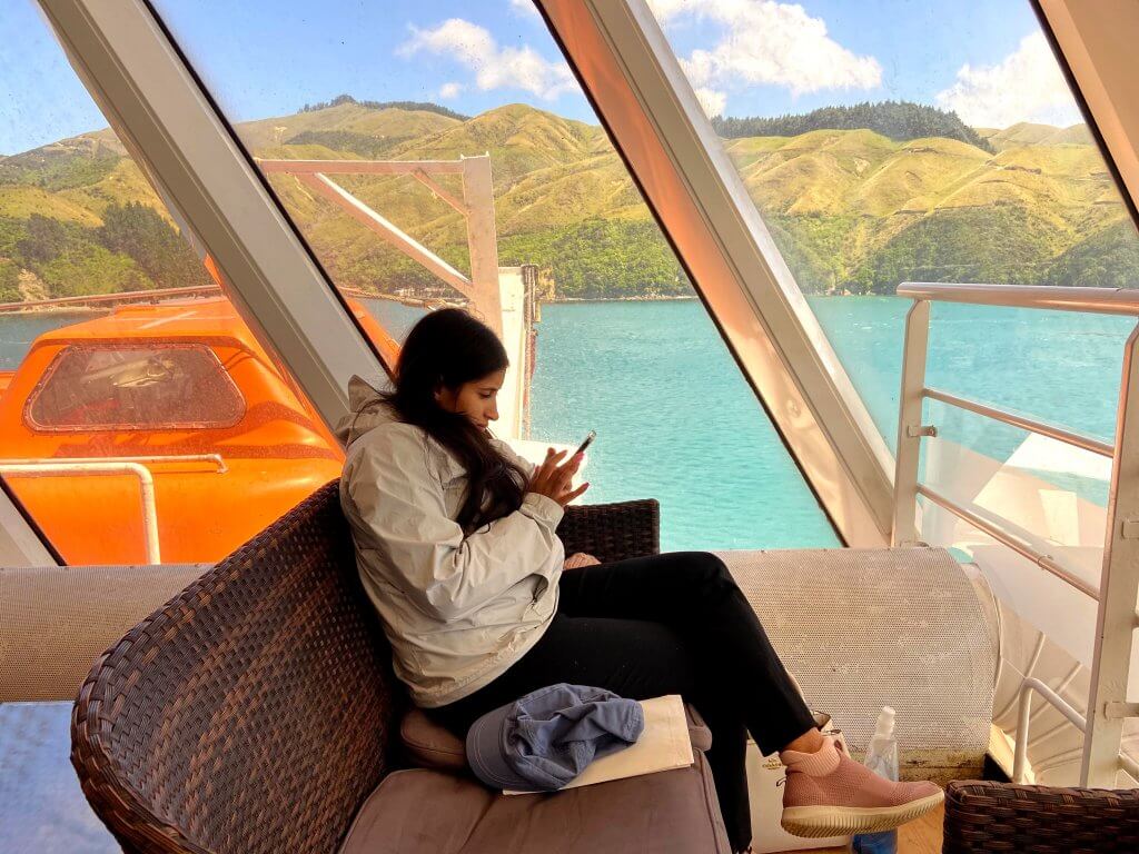 Gorgeous view of green rolling hills from the interislander ferry headed toward Picton from Wellington, New Zealand