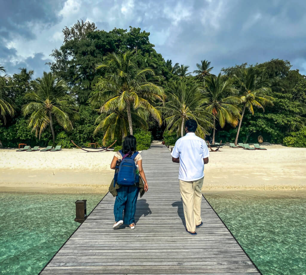 Entering Coco Bodu Hithi Maldives with our butler