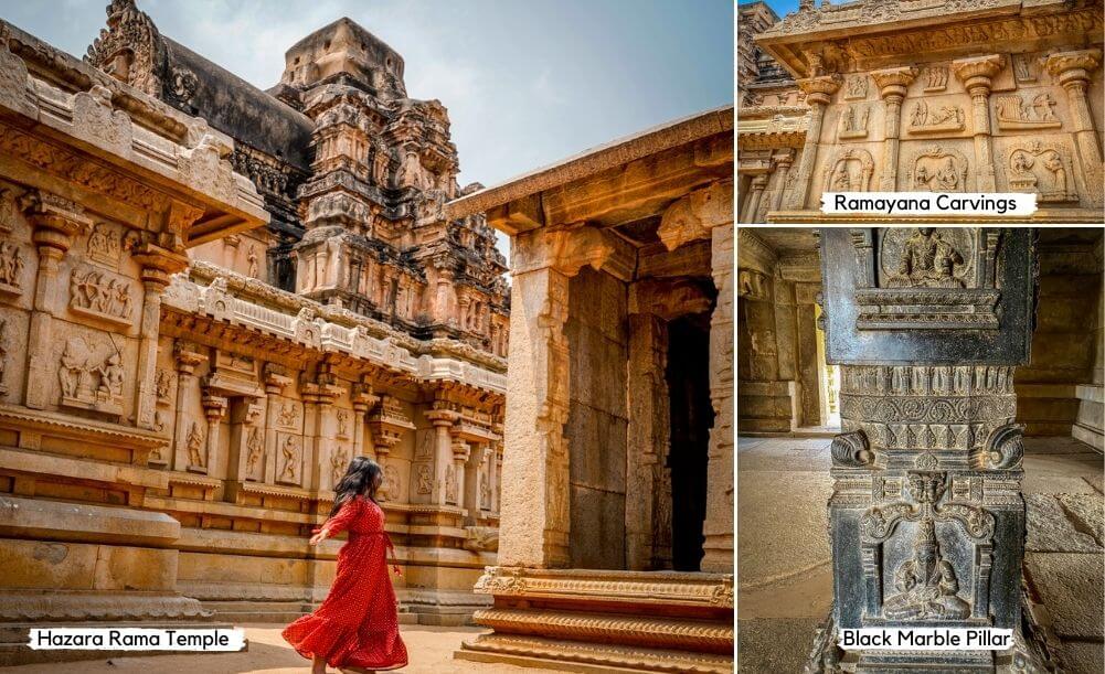 Collection of photos of Hampi Hazara Rama Temple - Twirling in front of the temple, Ramayana Carvings, and Black Marble Pillar