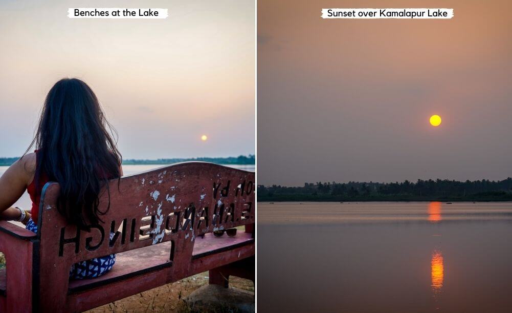 Sunset at Kamalapur Lake in Hampi from public benches