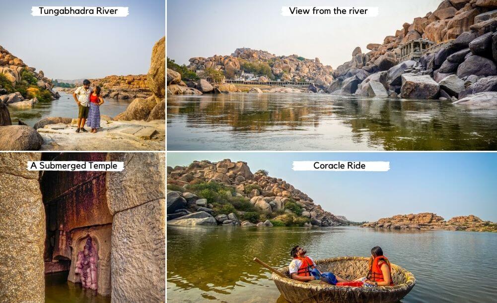 Coracle ride in the Tungabhadra River is one the best things to do in Hampi. Here are some pictures of submerged Temples, boulders, and the coracle