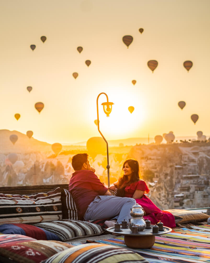 Hot Air Balloon in Cappadocia as seen from Charming Cave Hotel's rooftop