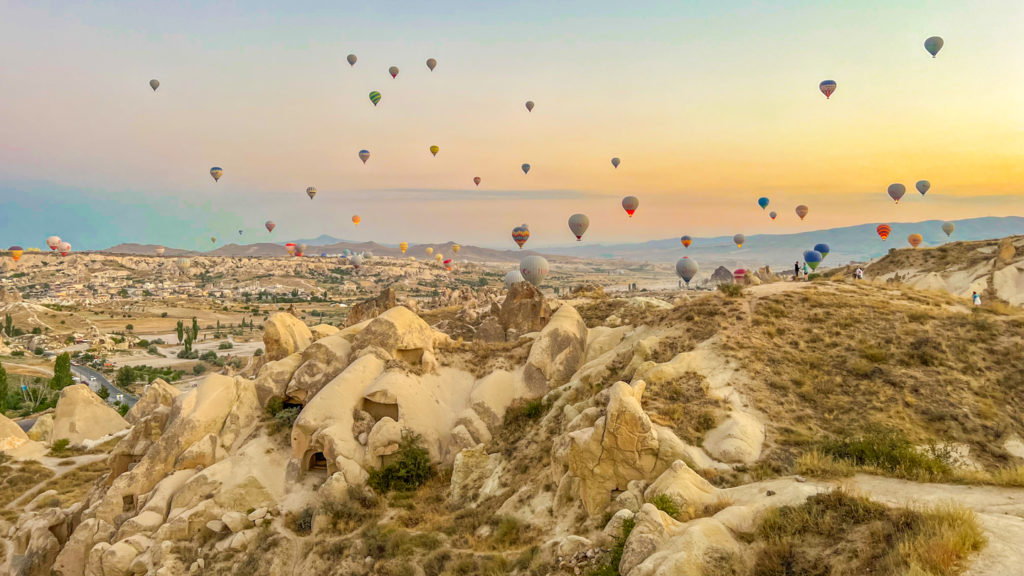 Floating hot air balloons in Cappadocia Turkiye