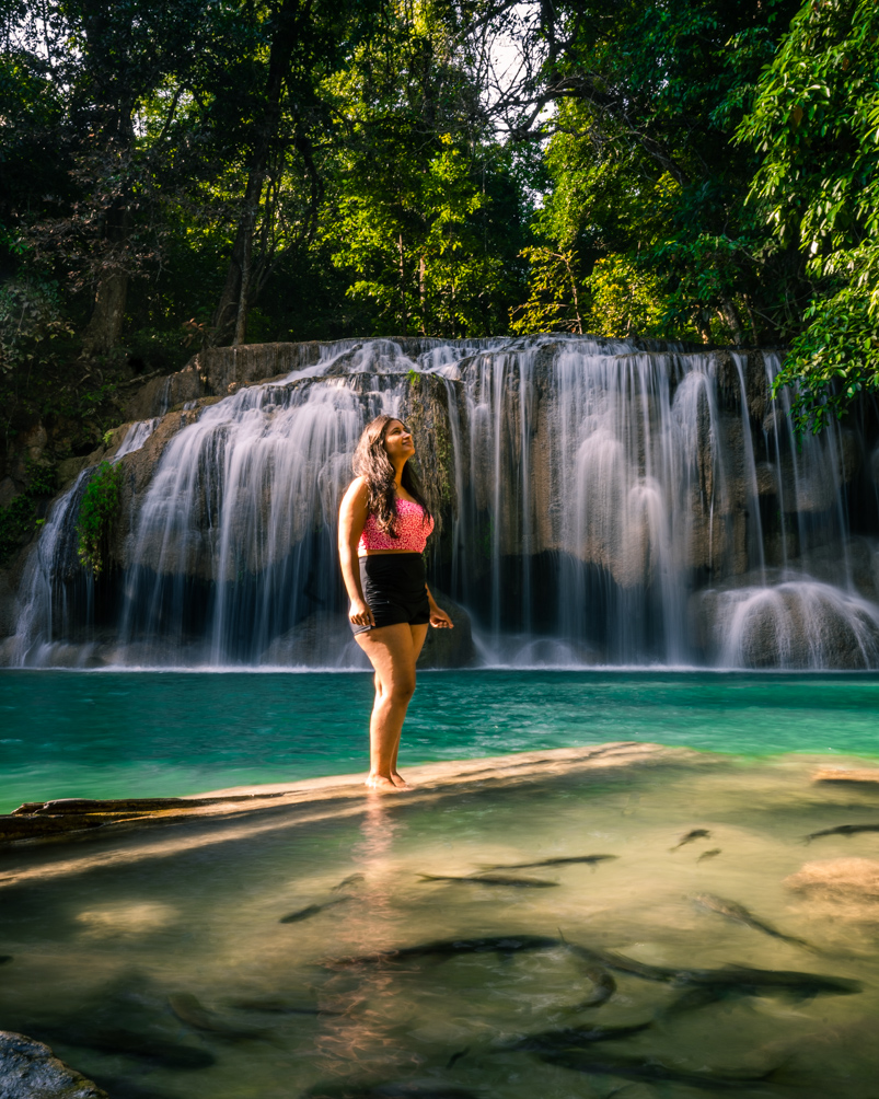 The emerald waters of Erawan Waterfall in Kanchanaburi