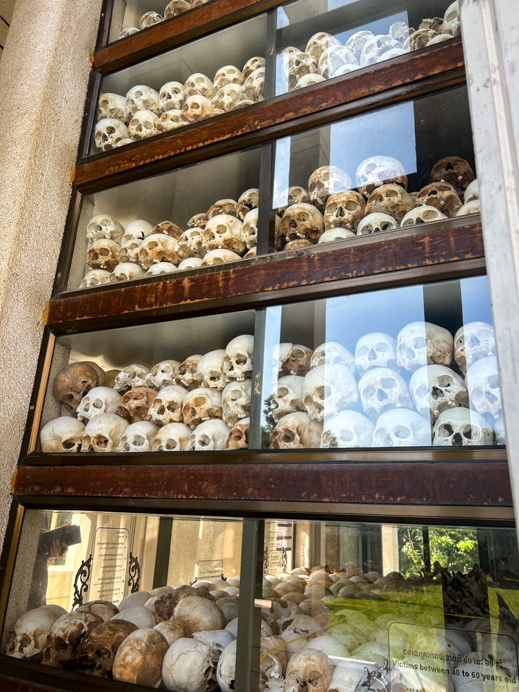 Skulls lined up at the Killing Fields memorial
