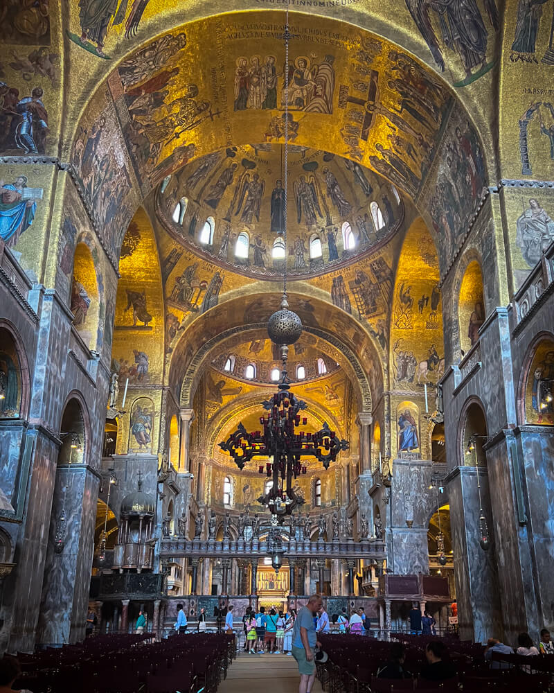 Golden mosaic covered interior of St. Mark's Basilica in Venice