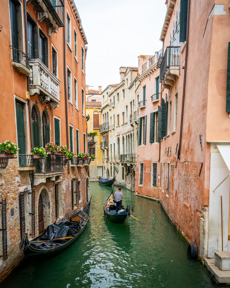 View of gondolas in Venice's narrow canals