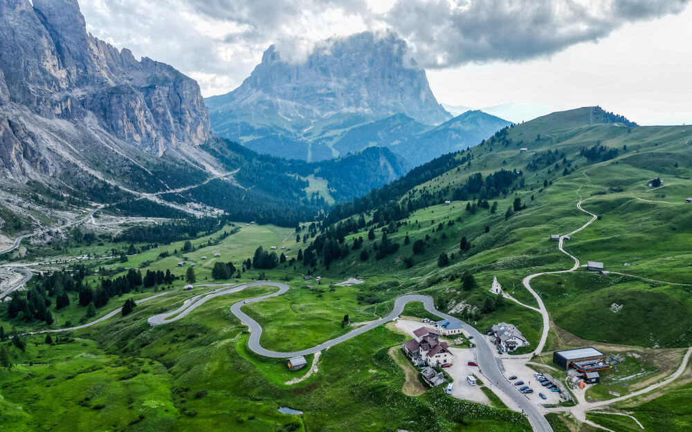 The windy roads of Passo Gardena in the Dolomites