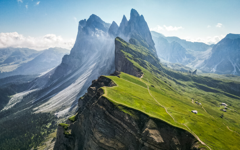 A drone view of Seceda in the Dolomites
