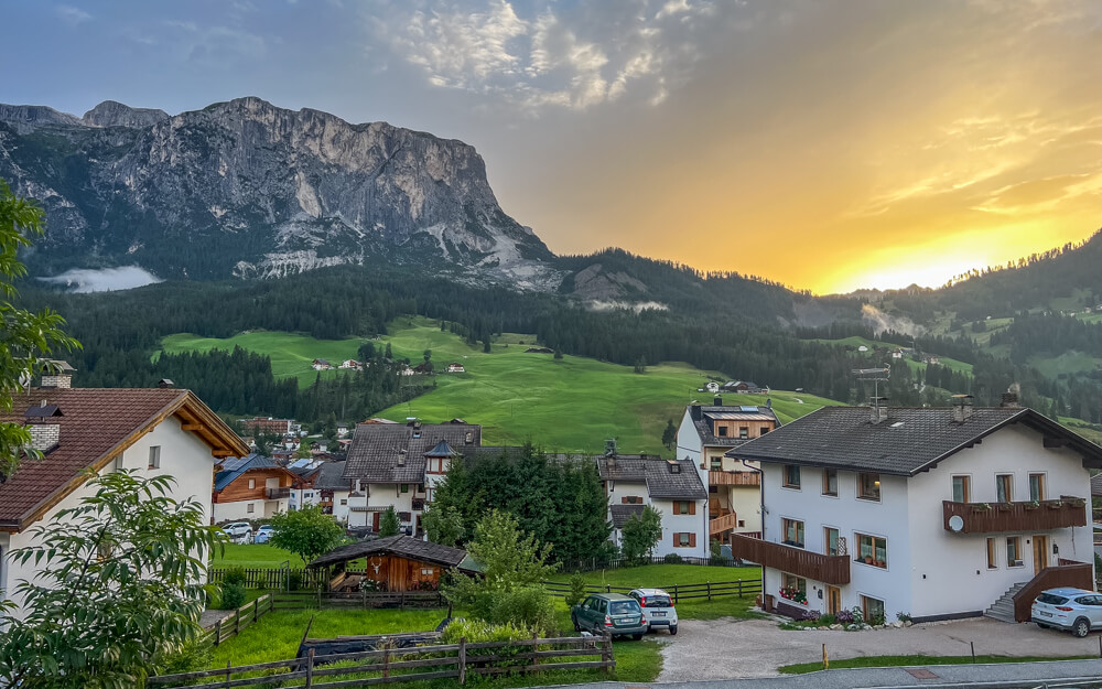 The wiew of the sun setting over the DOlomites from our hotel- Chalet Planvart- in Alta Badia. 