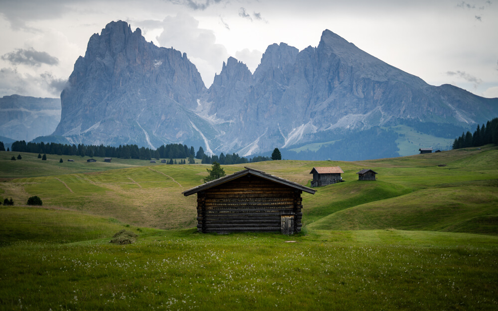 The gorgeous Alpe de Siusi just before a storm in Dolomotes in the summer