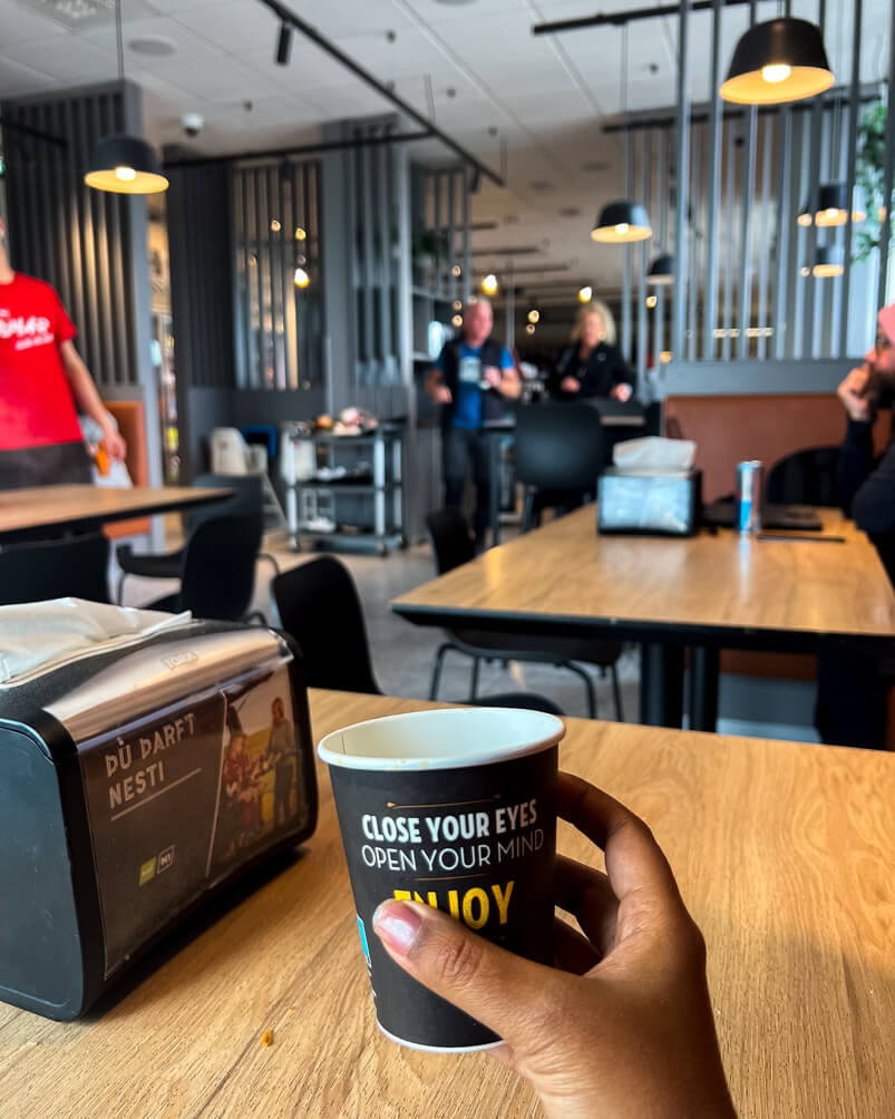 Having coffee in a fuel station in Iceland