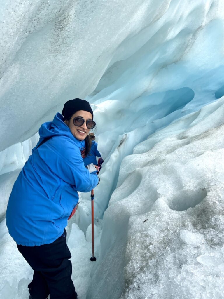 Blue Ice Walls while hiking on a glacier in New Zealand 