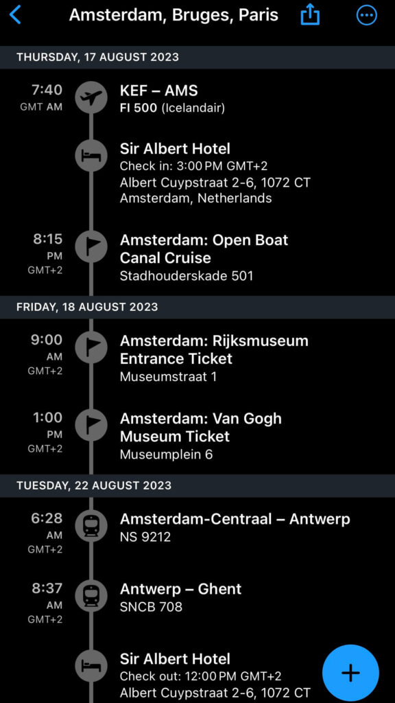 Our booking for Amsterdam as shown on the TripIt App