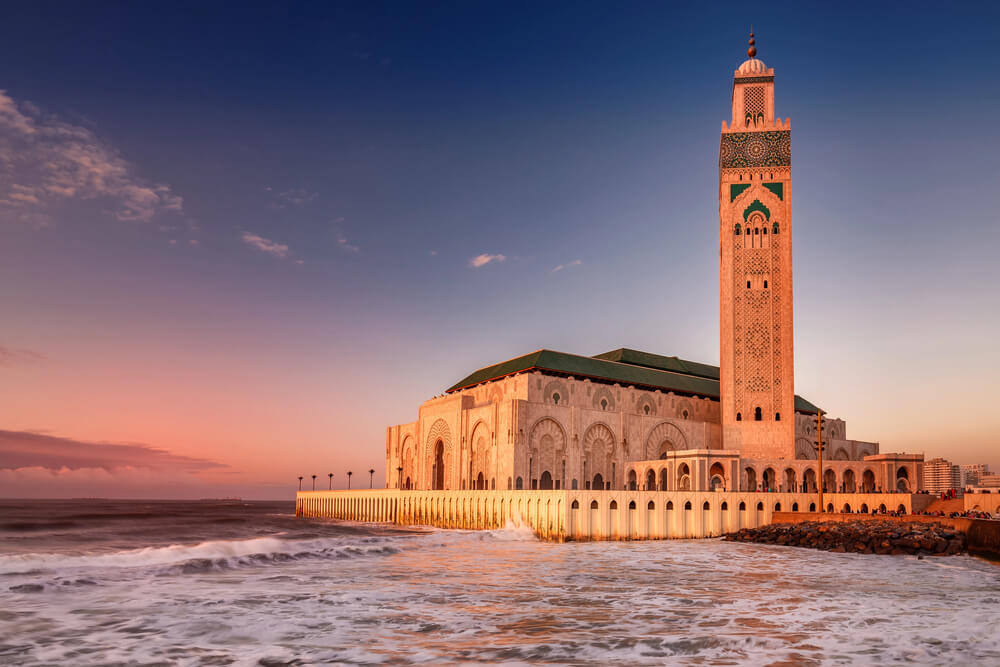 A view of the grand Hassan II Mosque by the sea in Casablanca