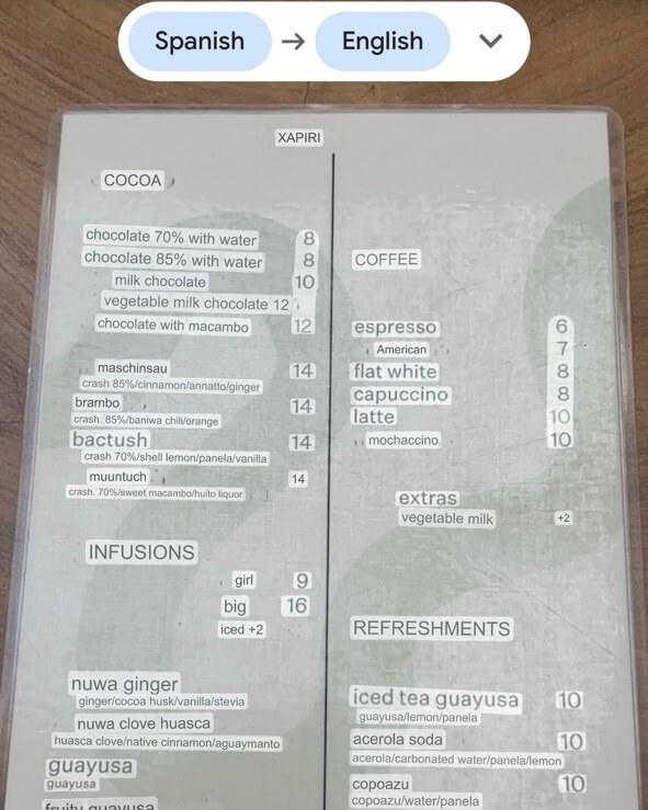 A menu translated from Spanish to English