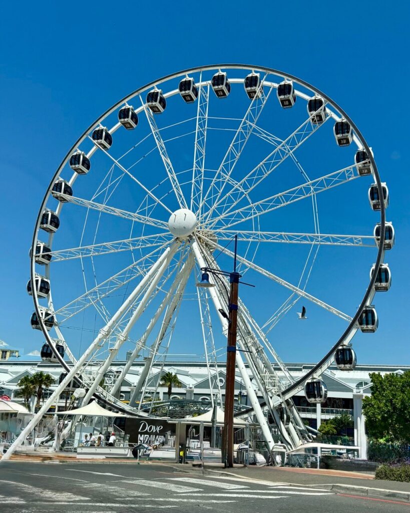A large white Ferris wheel in V&A Waterfront in Cape Town with black cabins against a bright blue sky, located near shops and palm trees.