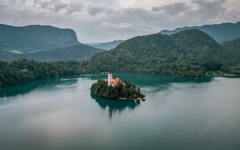 A moody Lake Bled from a drone