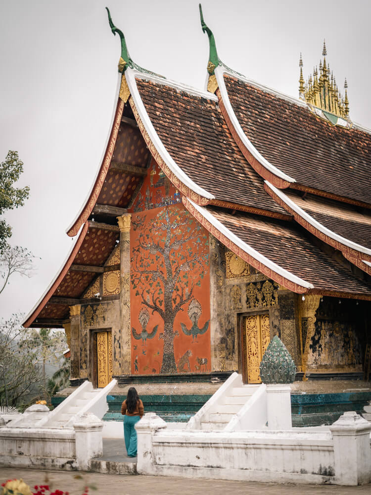 The Only Laos Itinerary You Need for 1 Week in Laos 24 A girl standing infant of Wat Xieng Thong and admiring the colourful mosaic of 'The Tree of Life'