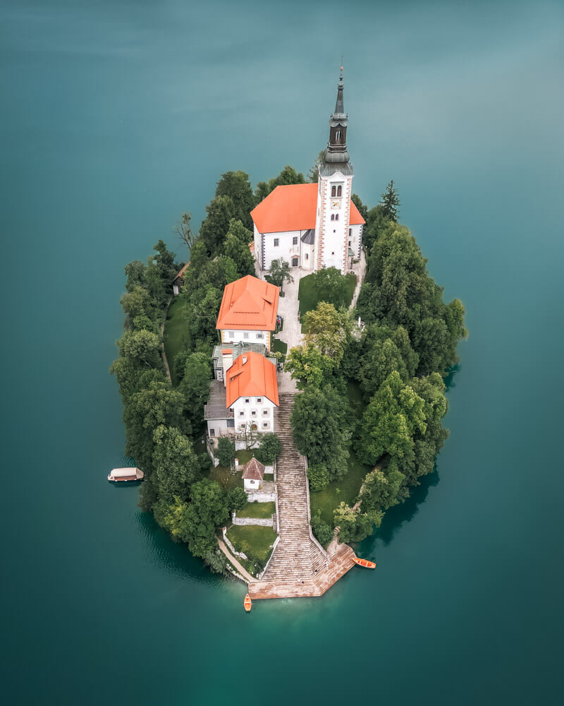 2-Day Lake Bled Itinerary: The Perfect Road Trip Guide 3 An aerial view of the island at Lake Bled