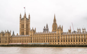 Houses of Parliament and the Palace of Westminster along the River Thames in London.