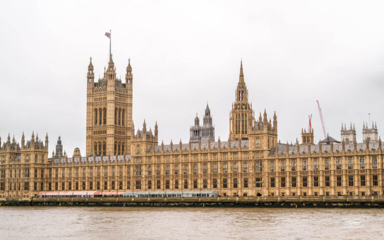 Houses of Parliament and the Palace of Westminster along the River Thames in London.